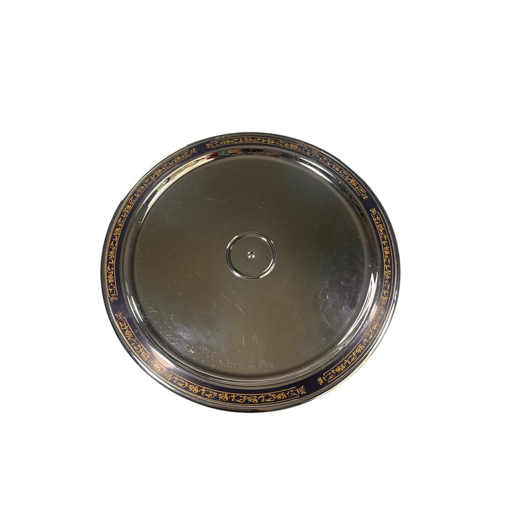 Kromex Vintage Pedestal Tray Chrome Blue Gold Scroll Rim MCM Regency